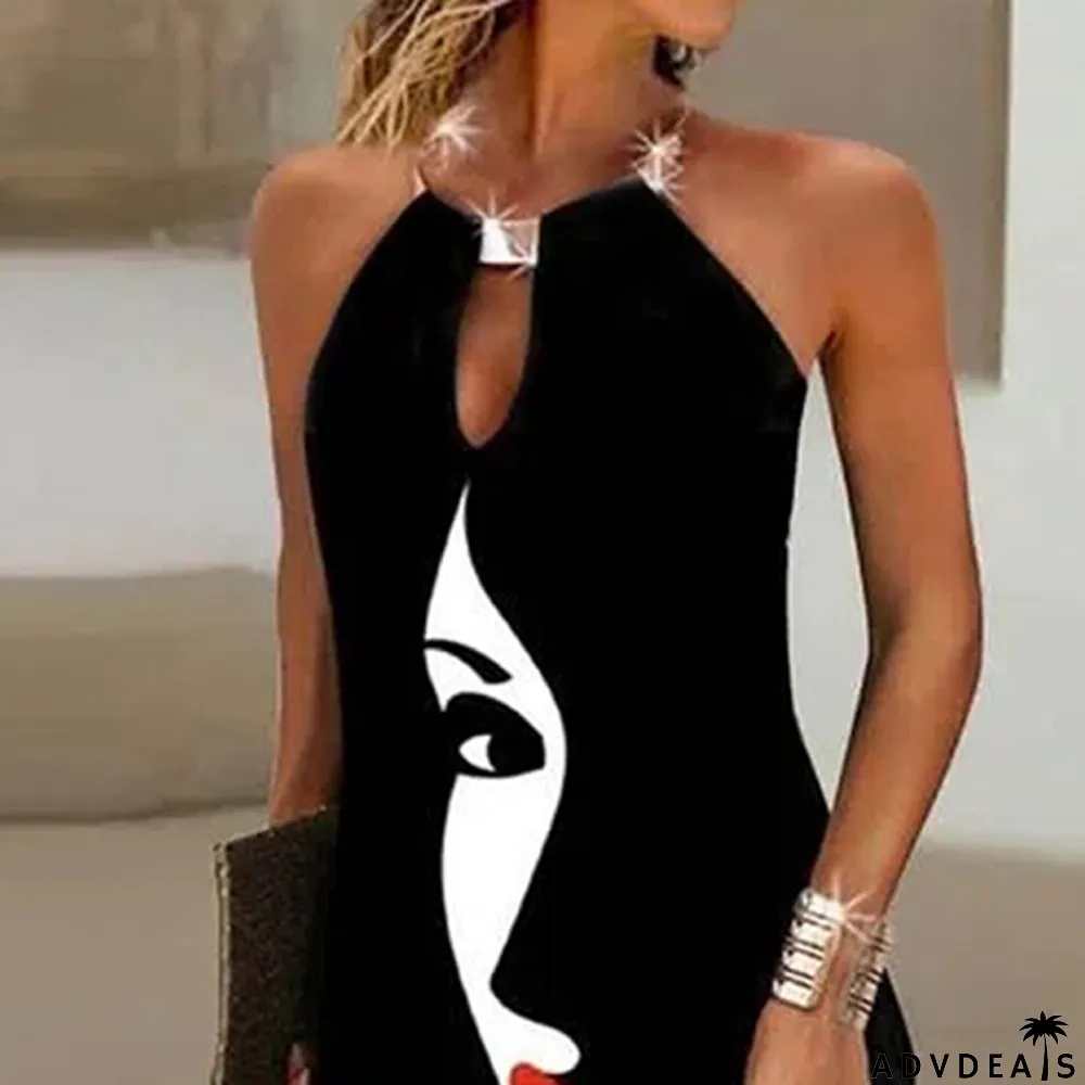 Women's Summer Black Halter Neck Positioning Print Dress