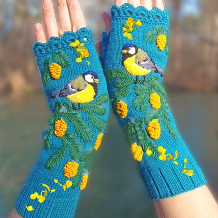 Embroidered knitted yellow flower birdie women's gloves for longer warmth