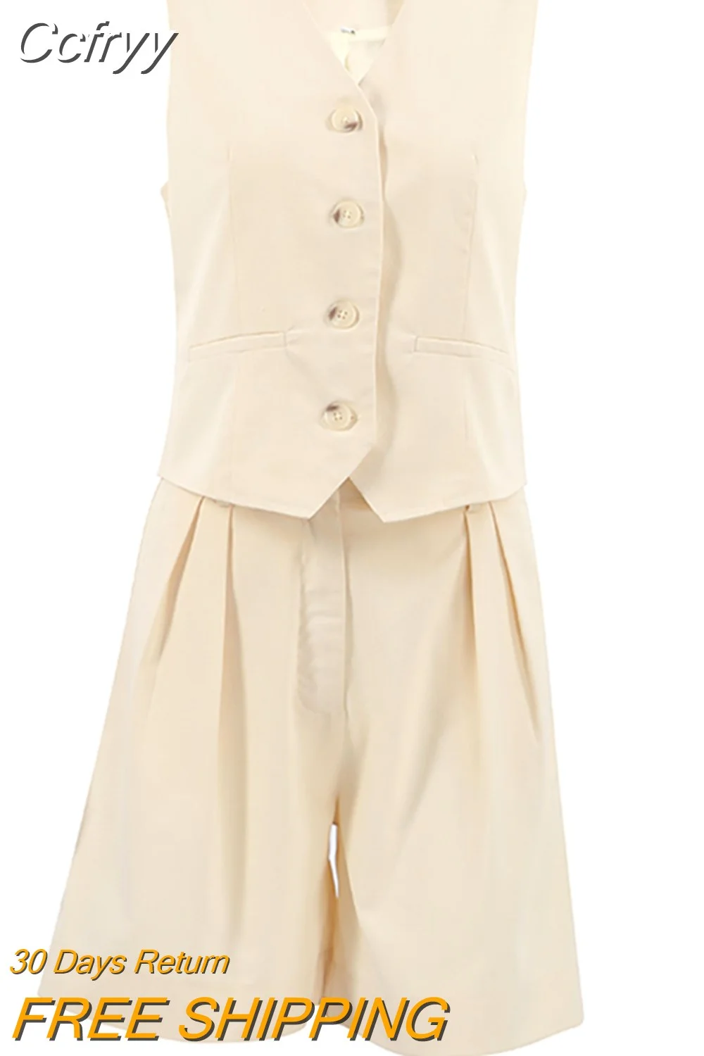 Huibahe Beige Cotton Linen Blazer Suits 2-Piece Office Outfits Button Tank Tops And Wide Legs Shorts Casual Sets Summer 2023