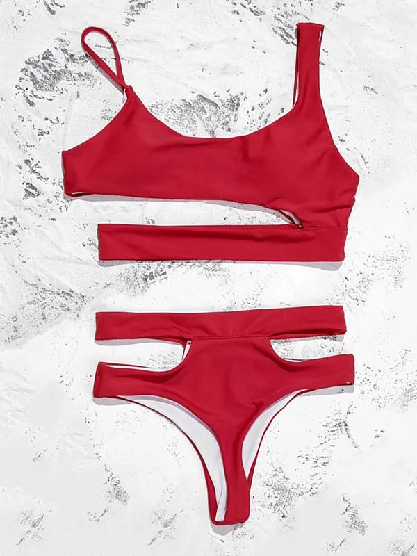 Solid Color Asymmetric Split Bikini Swimsuit