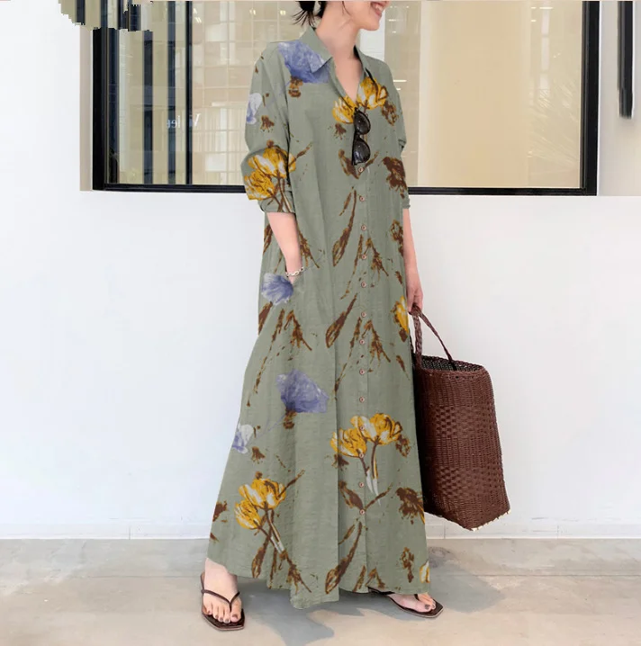 Cotton Linen Decor Lapel Long Sleeve Pocket Simple Loose Casual Long Cardigan Dress | IFYHOME