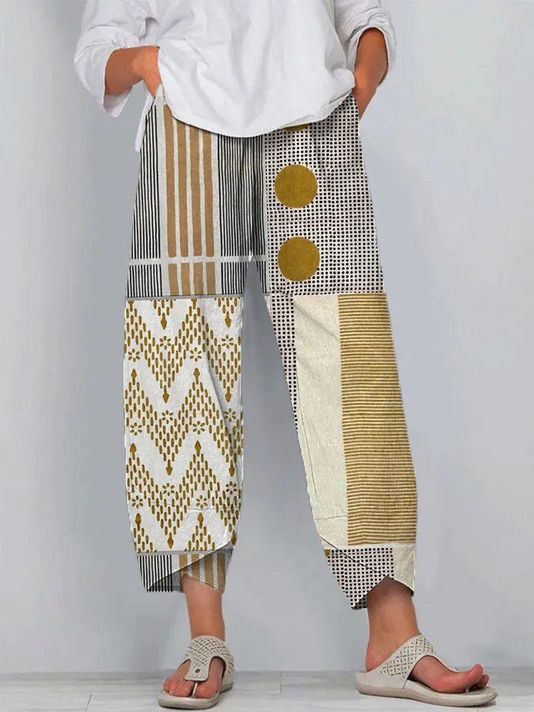 Women's Vintage Abstract Geometric Art Print Cotton And Linen Casual Pants