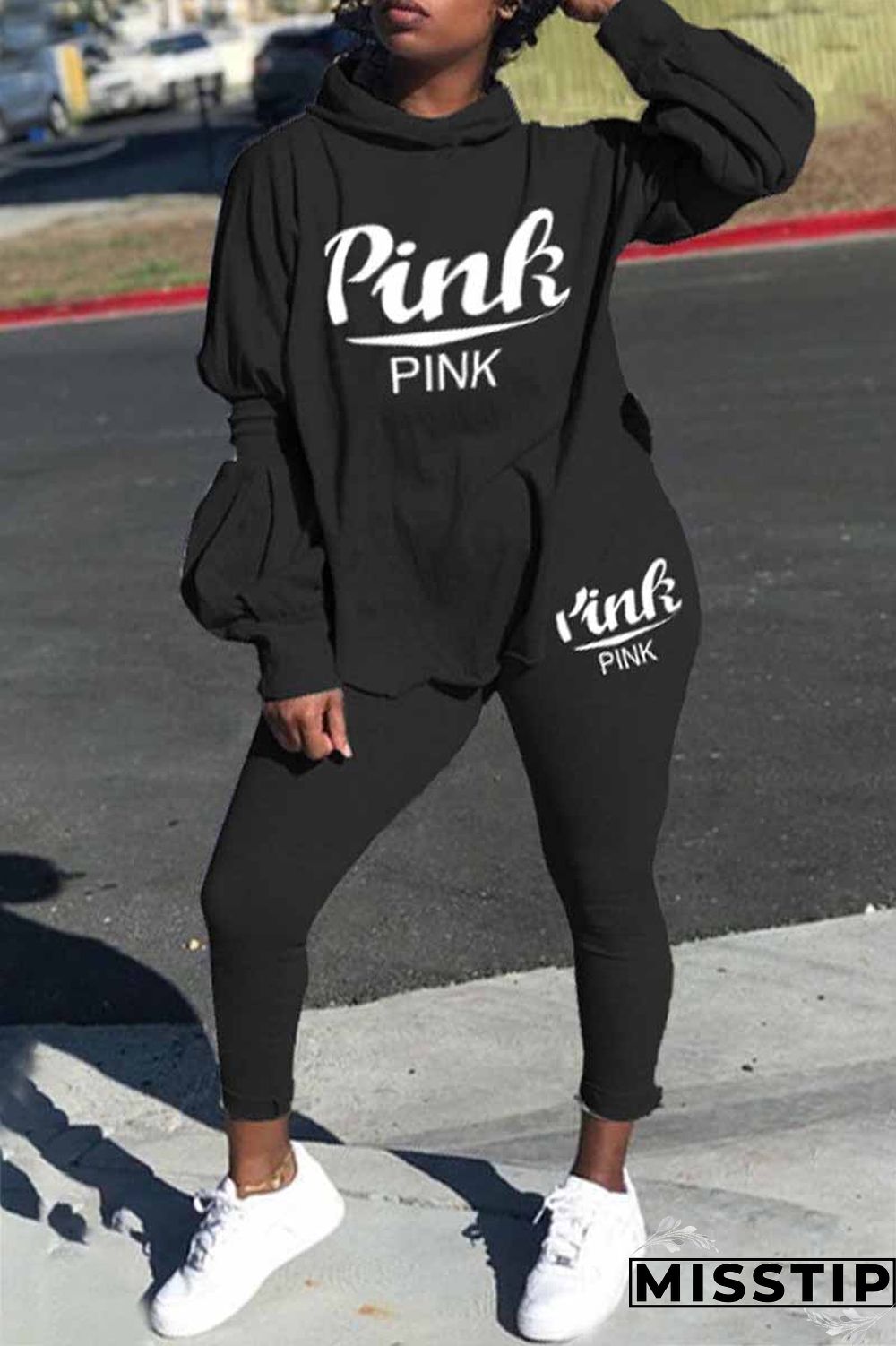 Black Casual Print Letter Hooded Collar Long Sleeve Two Pieces