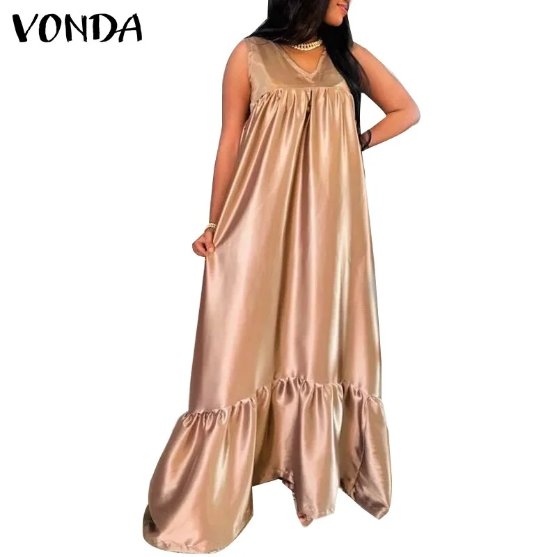 VONDA 2022 Summer Sleeveless V Neck Pleated Dress Women Holiday Party Tank Dresses Femme Bohemian Party Vestidos Oversized