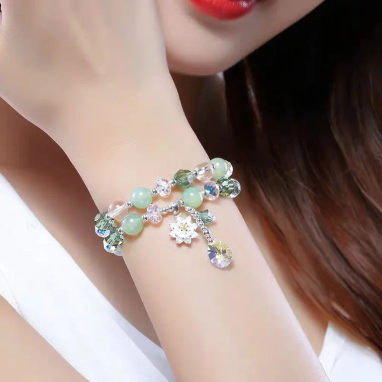 Sterling Silver Lotus Fairy Austrian Crystal Grape Stone White Crystal Multi-Layer Beaded Bracelet