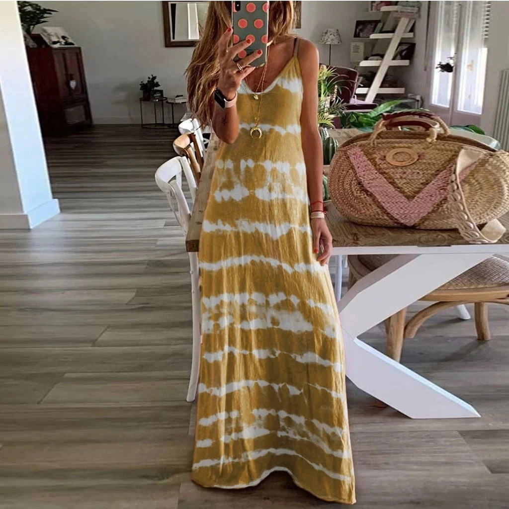 Plus Size Dress Women Gradient Tie-Dye Striped Summer Dresses V Neck Sleeveless Casual Bohemian Maxi Dress Beach Tank Dresses