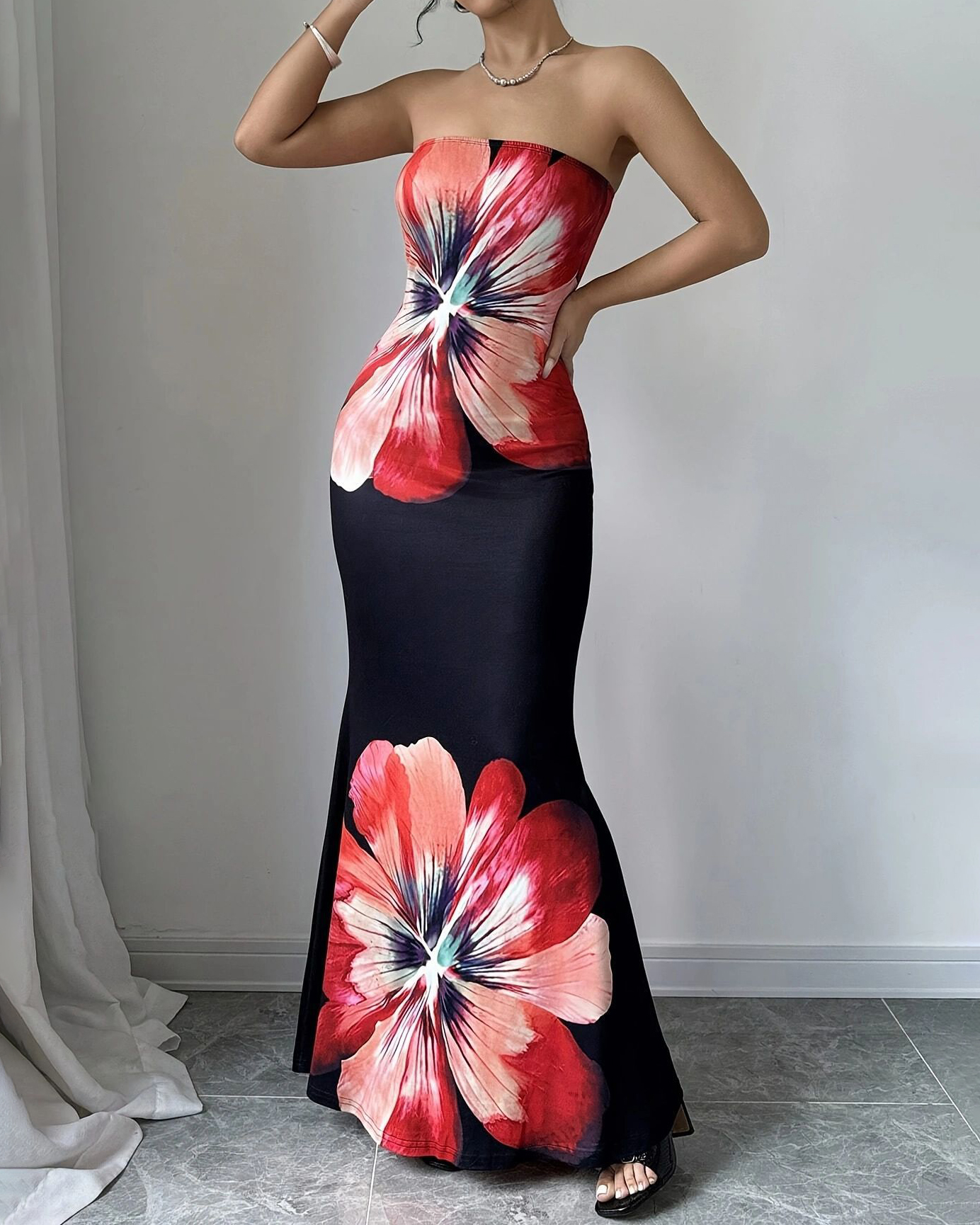 Floral Print Strapless Maxi Dress