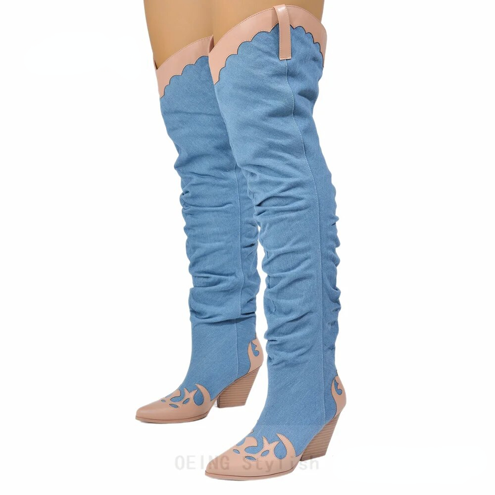 VCSHOES Women Over The Knee Western Cowgirl Boots Pointed Toe Patchwork Cowboy Boots Chunky Block Heels Dress Botas De Mujer