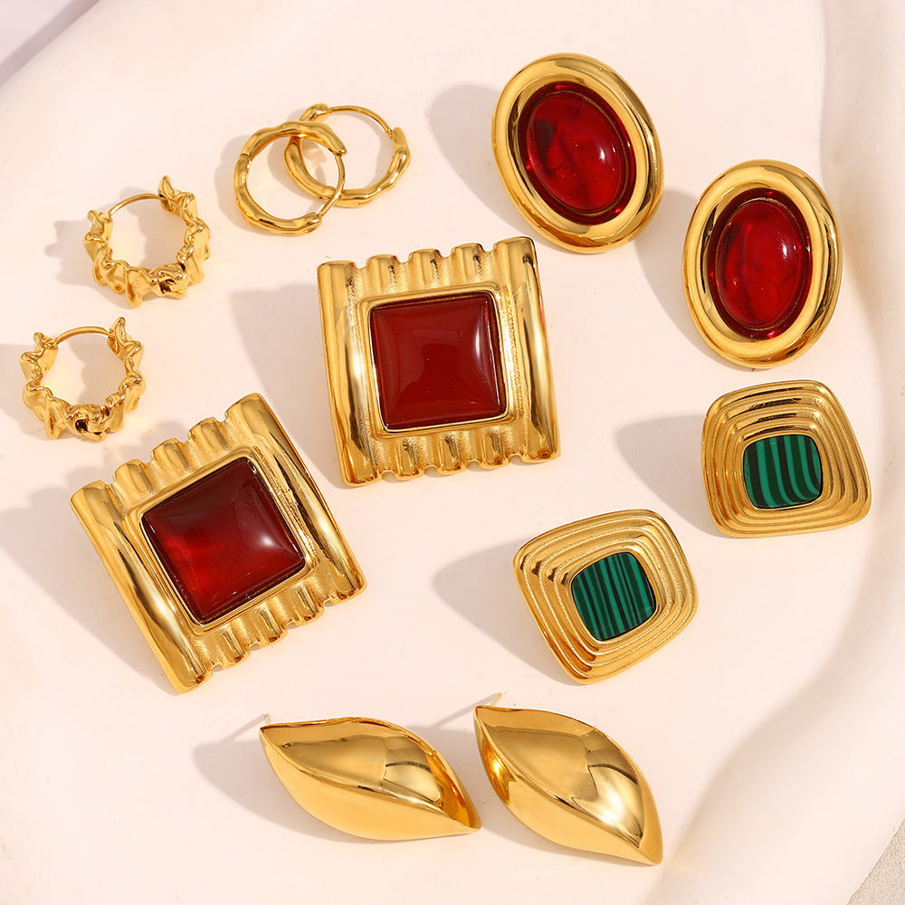 French Retro Geometric Red Agate Earrings Stainless Steel Plated 18K Gold Eye Fold Earrings