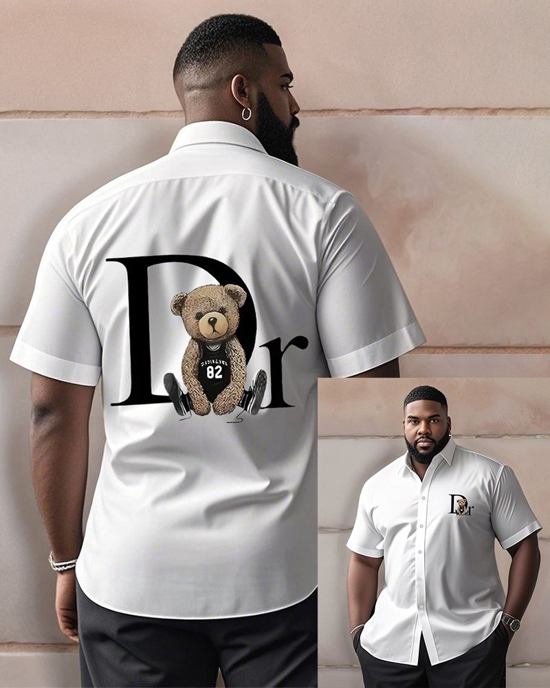 Men's Plus Size Funny Letter Brown Bear Print Short Sleeve Shirt
