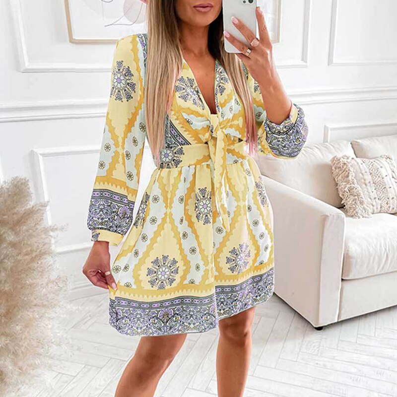 Elegant Vintage Print Deep Neck Womens Casual Harajuku A-Line Mini Dress