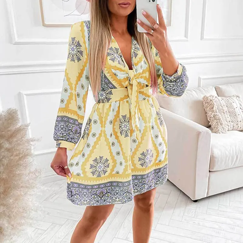 Elegant Vintage Print Deep Neck Womens Casual Harajuku A-Line Mini Dress