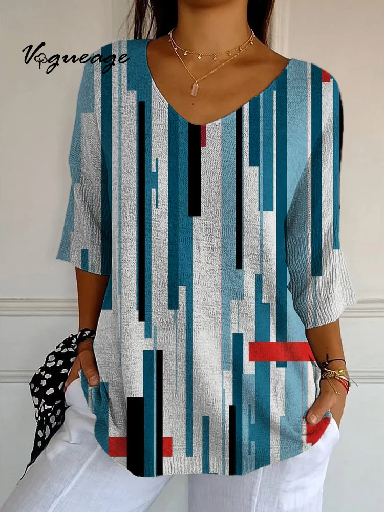 Simple Blue Lines Vertical Stitching Printed Knitted Sweater