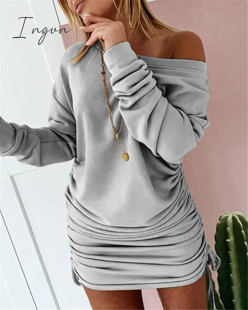 Ingvn - Women Sexy Mini Dress Casual Ruffled Drawstring Solid Pencil Autumn Long Sleeve Off