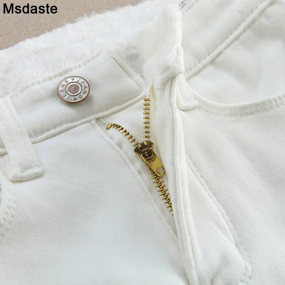 White Warm Jeans Women Winter Wear Black Grey Female Denim Trousers Young Ladies Slim Skinny Streetwear Jean Fleece Pencil Pants