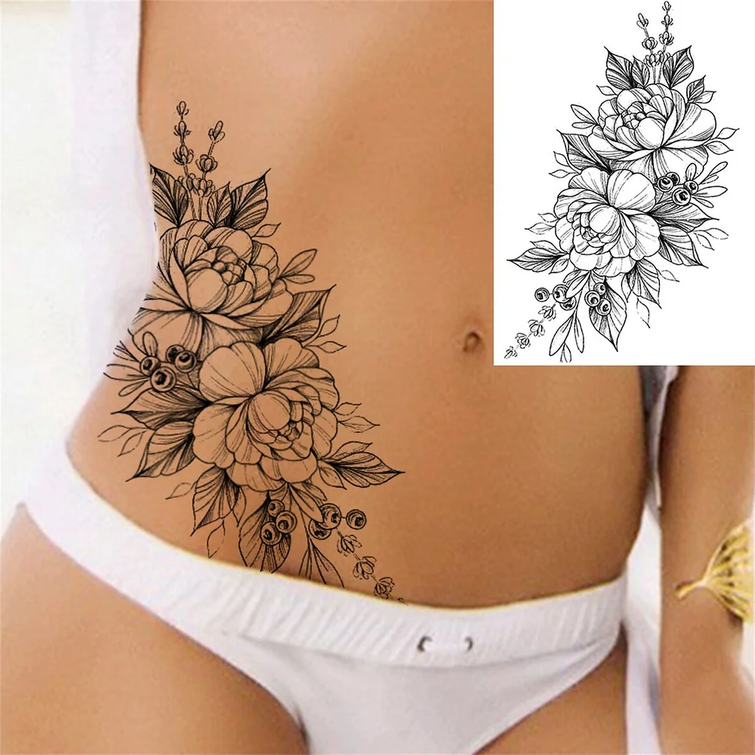 Flower Temporary Tattoos For Women Adult Girls Rose Geometry Tattoos Sticker Fake Moon Peony Large Black Floral Tatoos Supplies