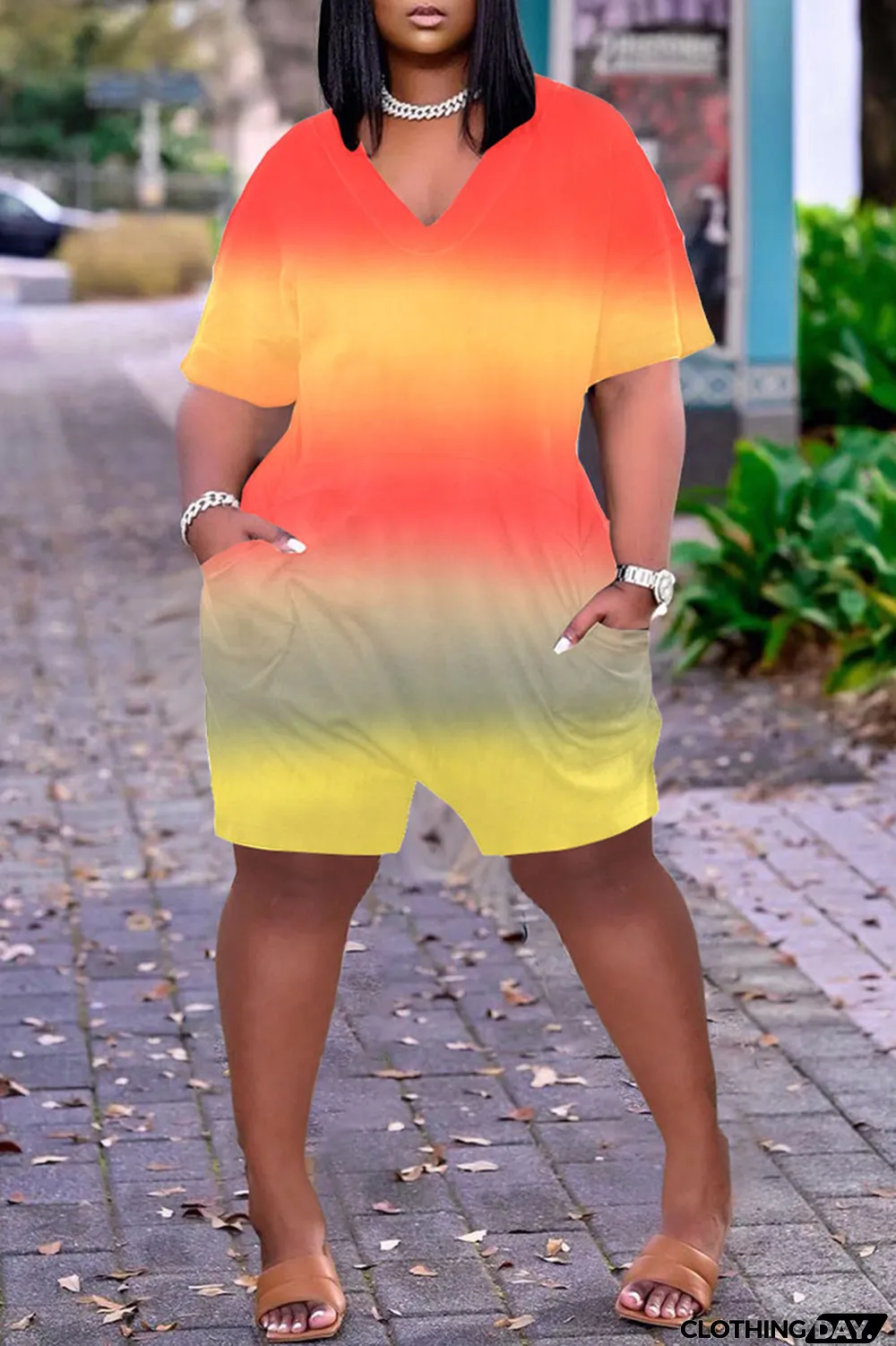 Pink Casual Gradual Change Print Tie-dye O Neck Loose Jumpsuits