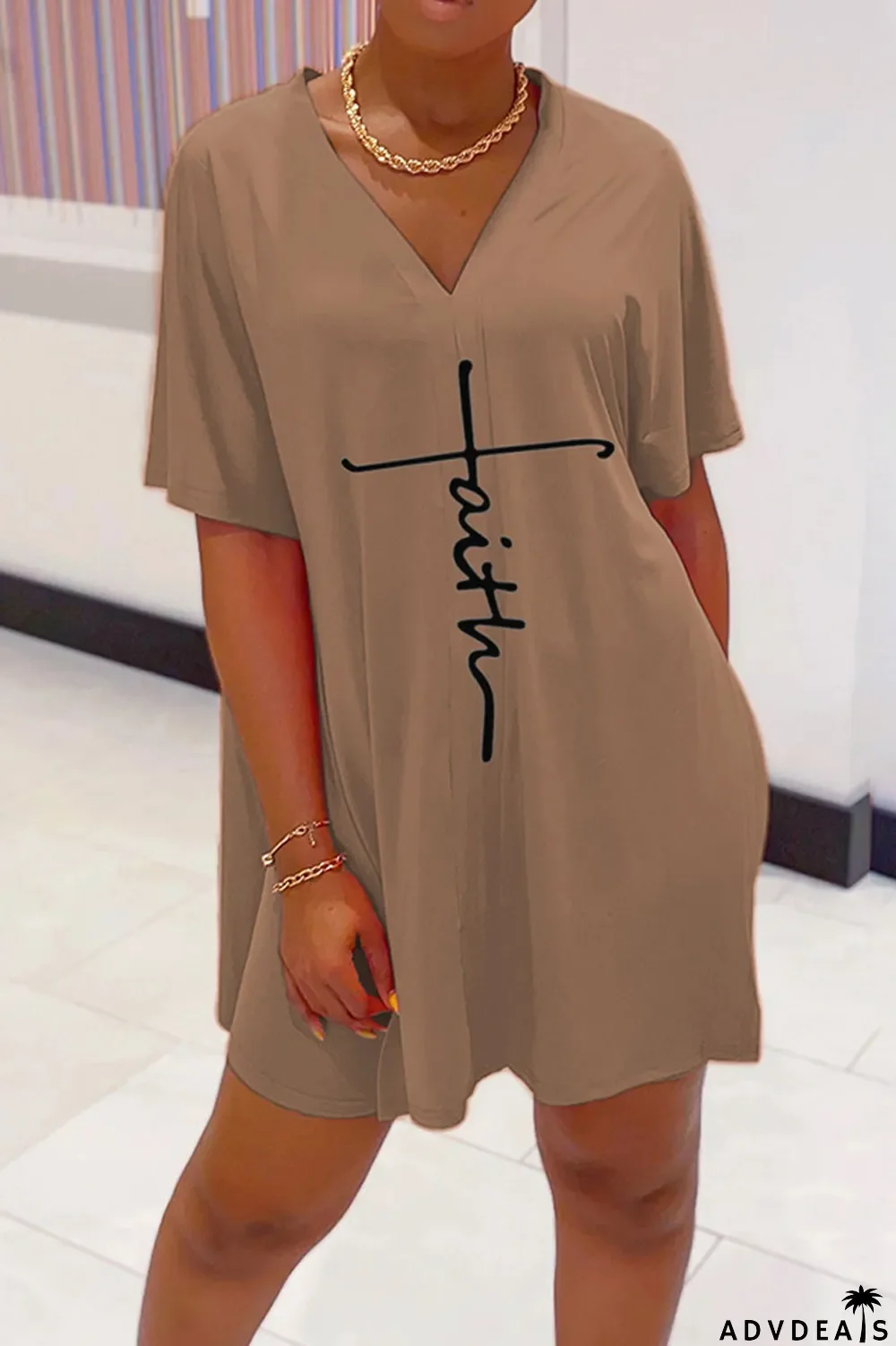 Tangerine Red Casual Print Split Joint V Neck Short Sleeve Two Pieces