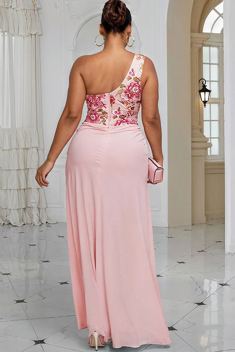 Xpluswear Design Plus Size Wedding Guest Pink Floral One Shoulder Split Elegant Chiffon Maxi Dresses [Pre-Order]