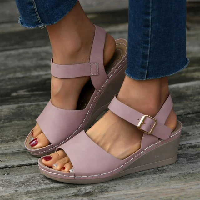 Women's PU Leather Wedges Sandals Summer 2022 Chunky Platform Beach Shoes Woman Open Toe Buckle Sandalias Mujer Plus Size
