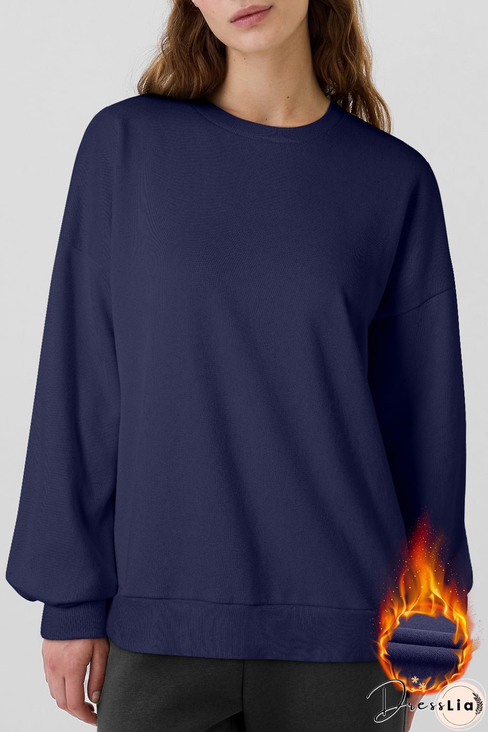 Navy Blue Solid Fleece Lined Drop Shoulder High Low Sweatshirt