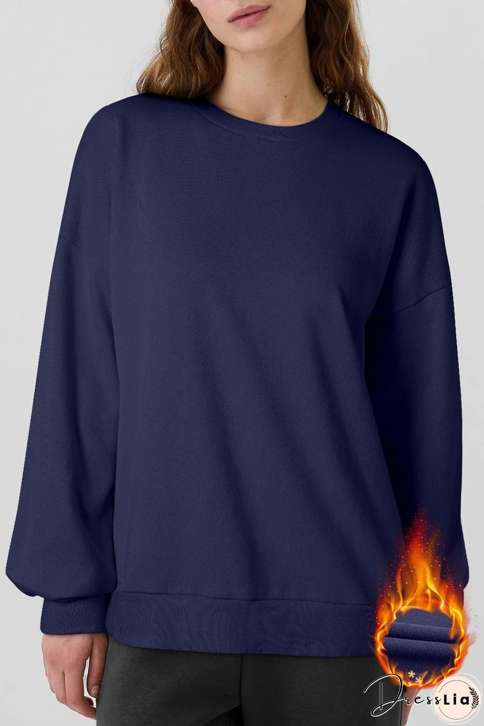 Navy Blue Solid Fleece Lined Drop Shoulder High Low Sweatshirt