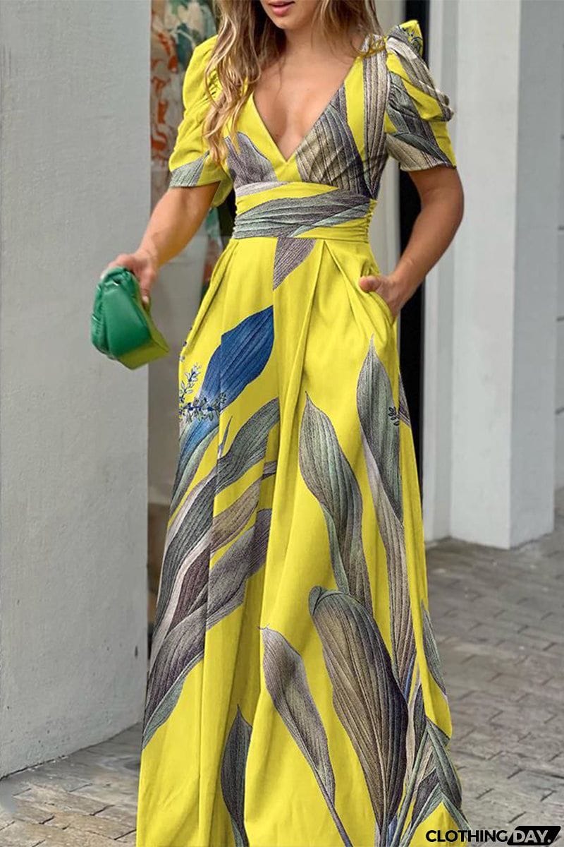 Casual Street Print V Neck Loose Jumpsuits