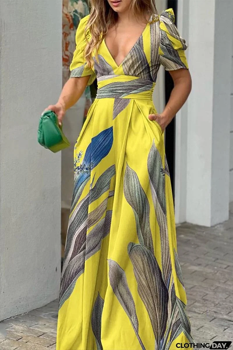 Casual Street Print V Neck Loose Jumpsuits