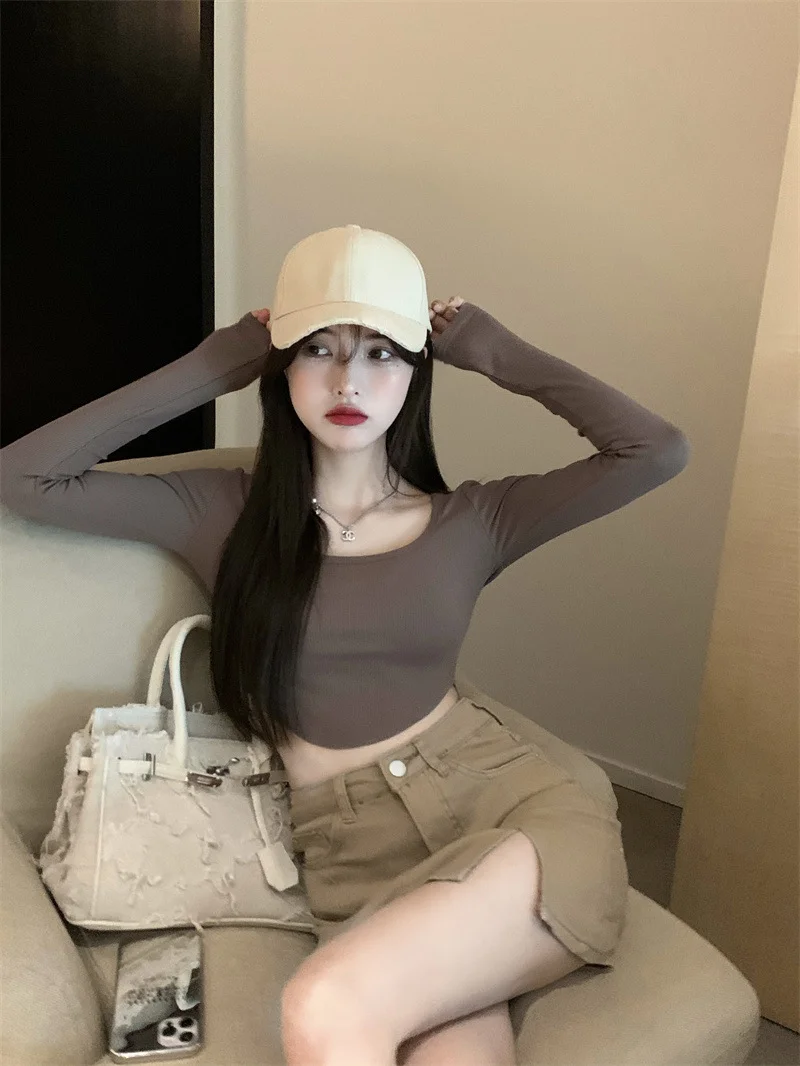 Brownm Brownm And Spicy Pure Desire Wind T-Shirt Slim Long Sleeve Design Sense Bottom Shirt Crop Hot Girl Short Student Jacket Female Early Autumn