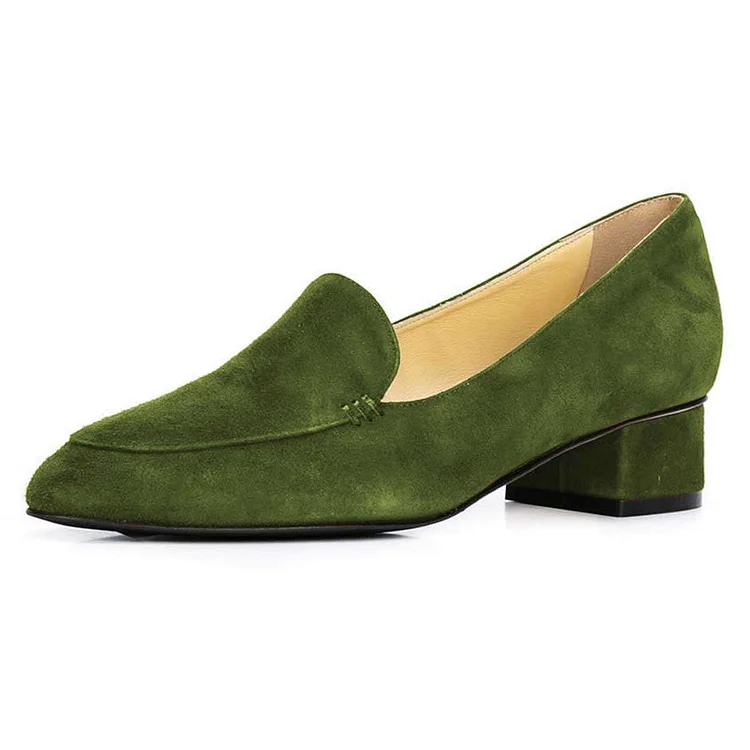 Army Green Suede Block Heel Loafers for Women |FSJ Shoes