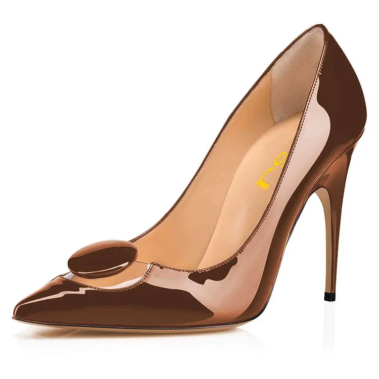 Brown Mirror Leather PVC Pointy Toe Stiletto Heels Pumps |FSJ Shoes