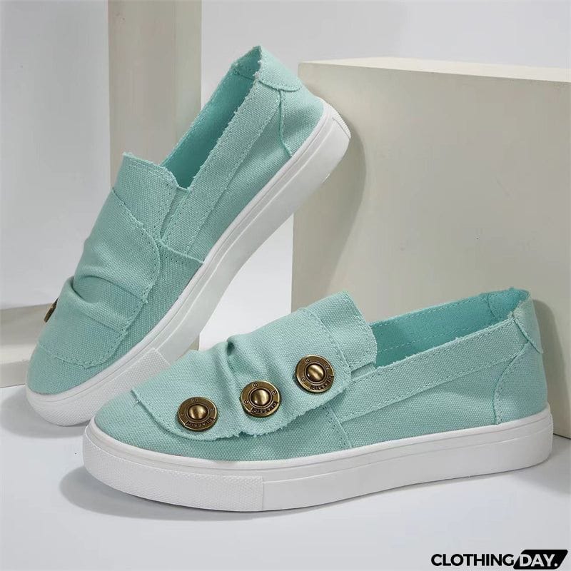 Pleated Metal Buckle Canvas Flat Loafers for Women