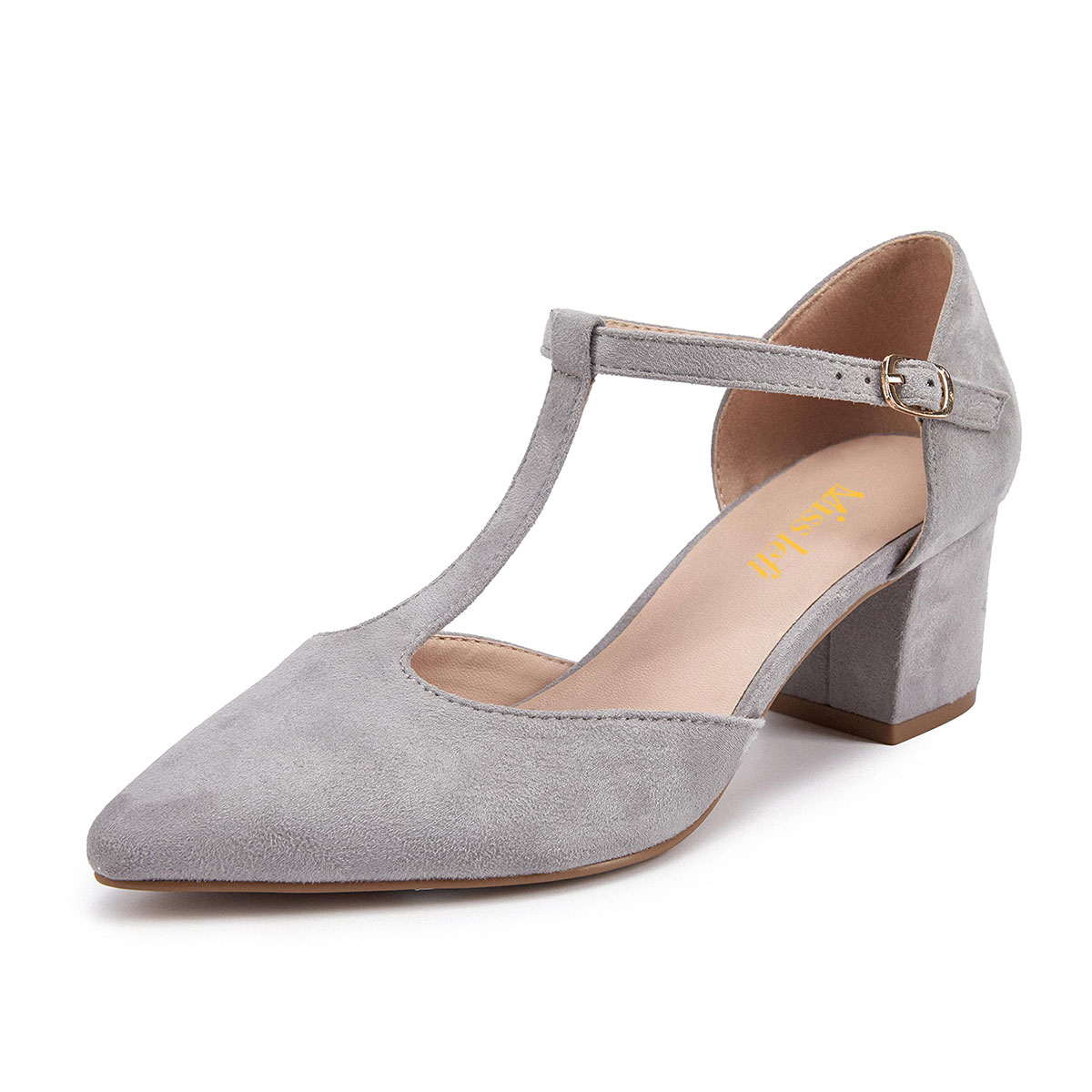 Grey Buckle Pointed Toe Block Heel Pumps Shoes with T-Strap Design Nicepairs