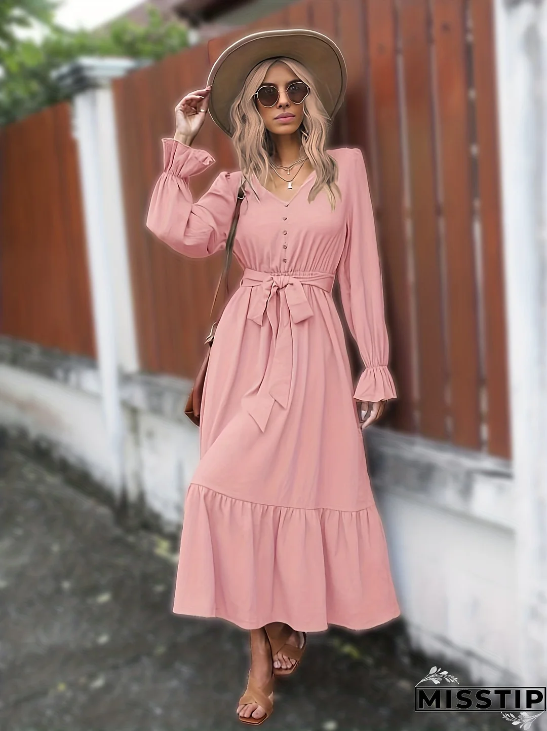 Solid Simple Dress, Elegant V Neck Long Sleeve Maxi Dress, Women's Clothing