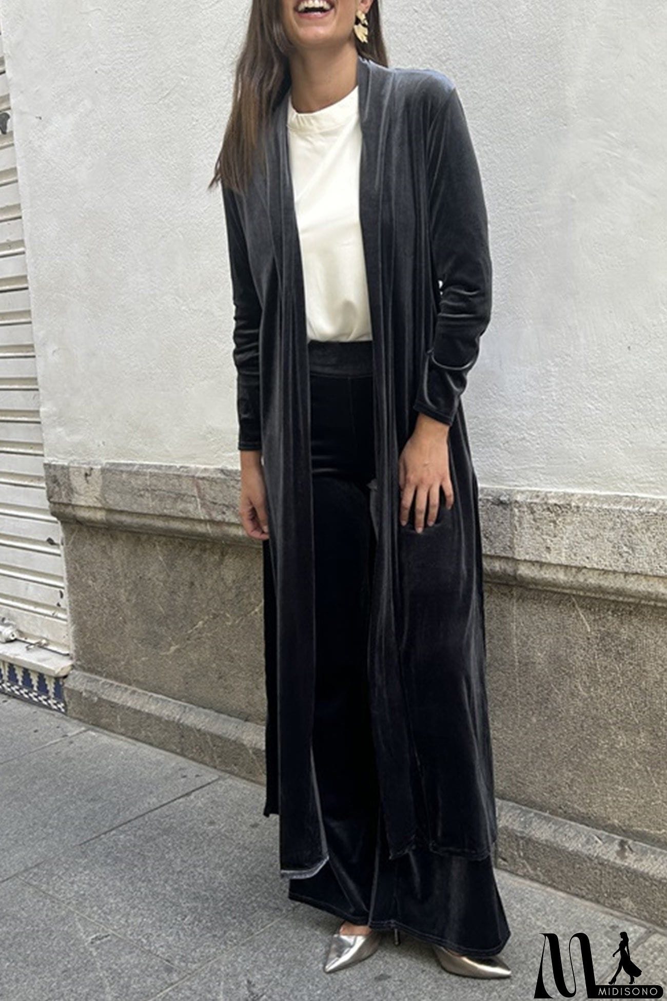 MidiSono - Velvet Slit Long Cardigan Two-piece Pants Suits