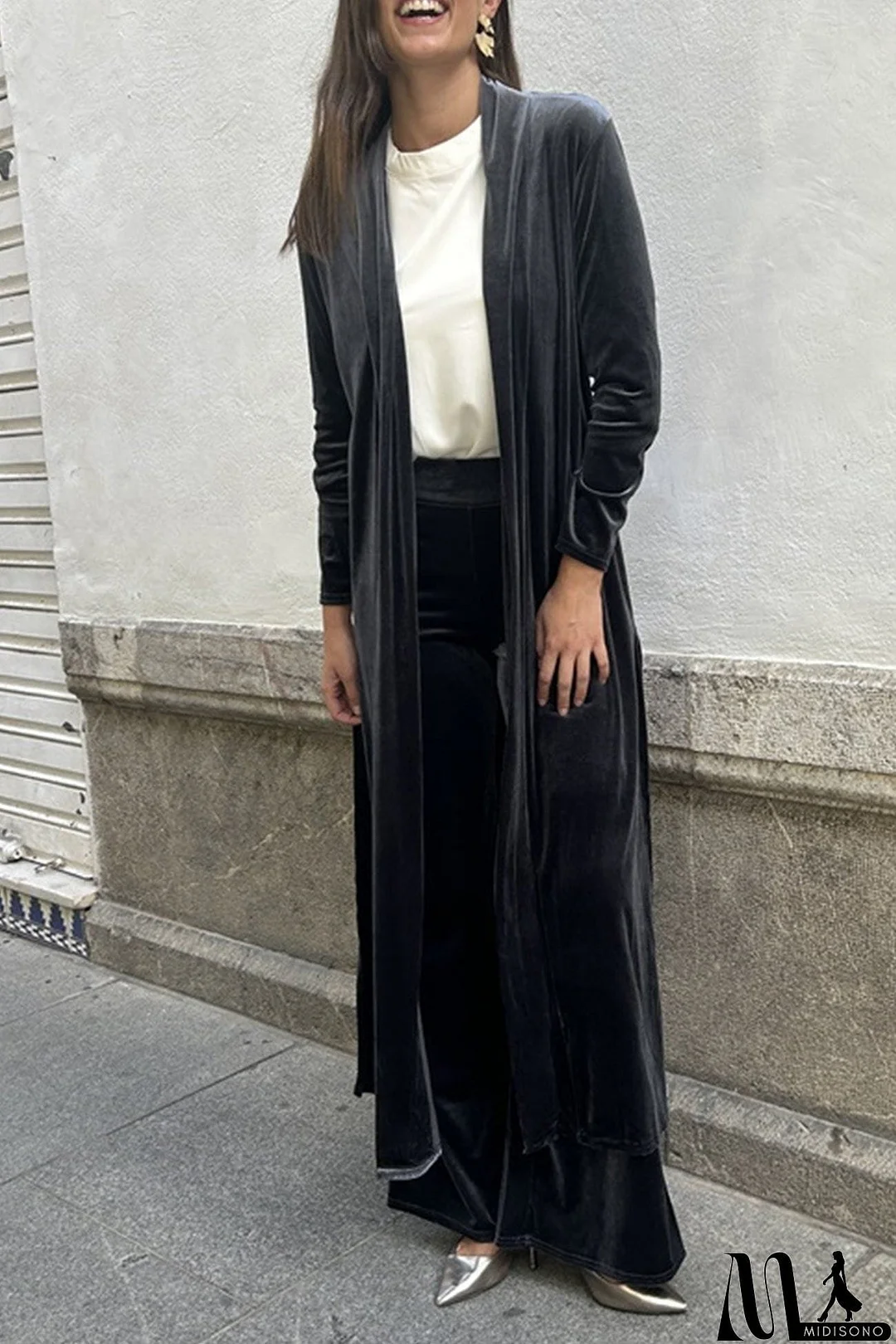 MidiSono - Velvet Slit Long Cardigan Two-piece Pants Suits