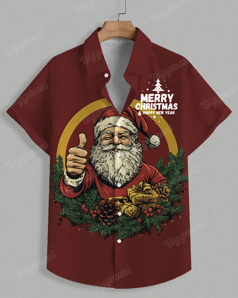 Men's Plus Size Thumb Santa Happy New Year Letter Print Short Sleeve Shirt