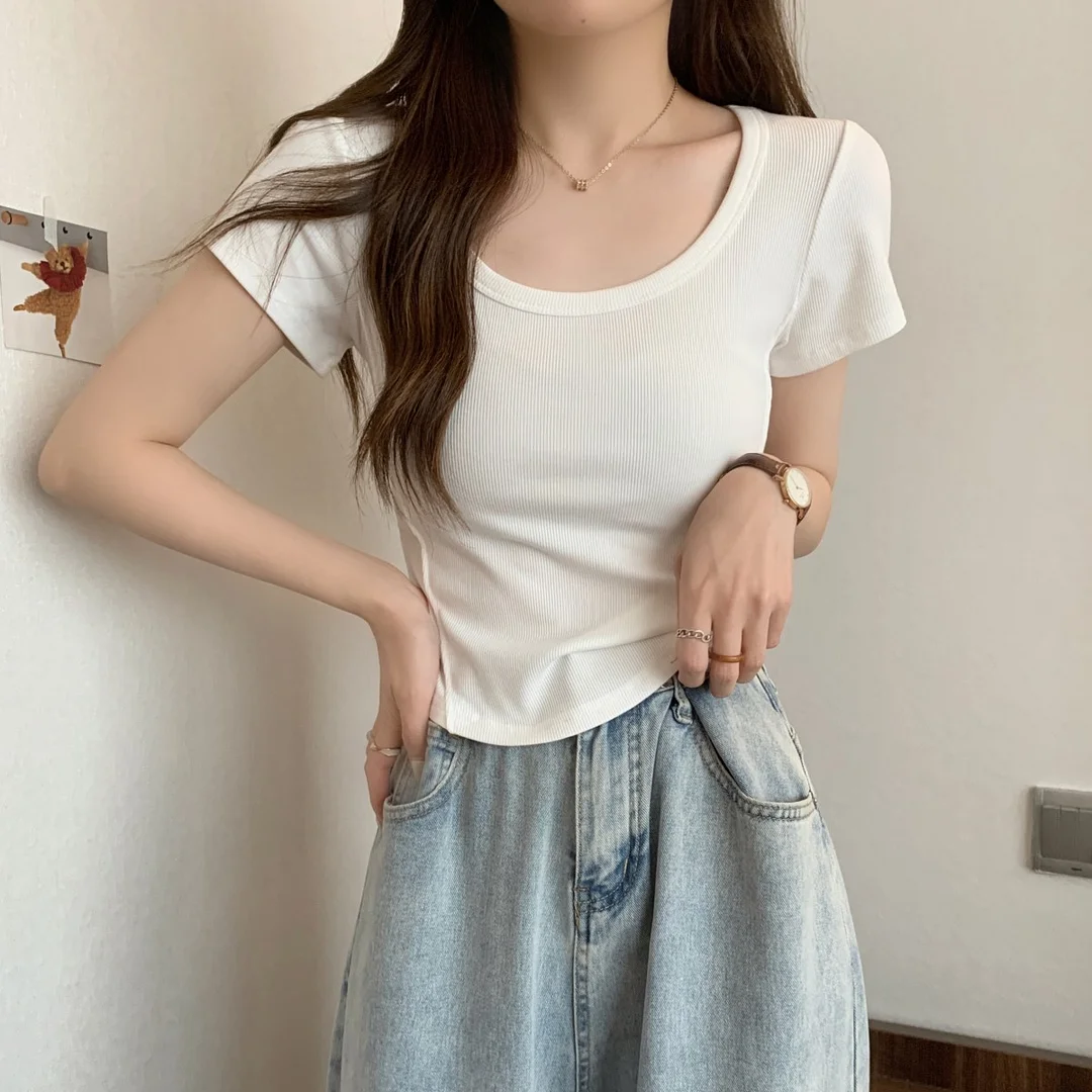 Uveng Uveng U Collar Short-Sleeved T-Shirt Women 2023 Summer New Korean Version Slim High Waist Short Style Students Pure Color Jacket Tide