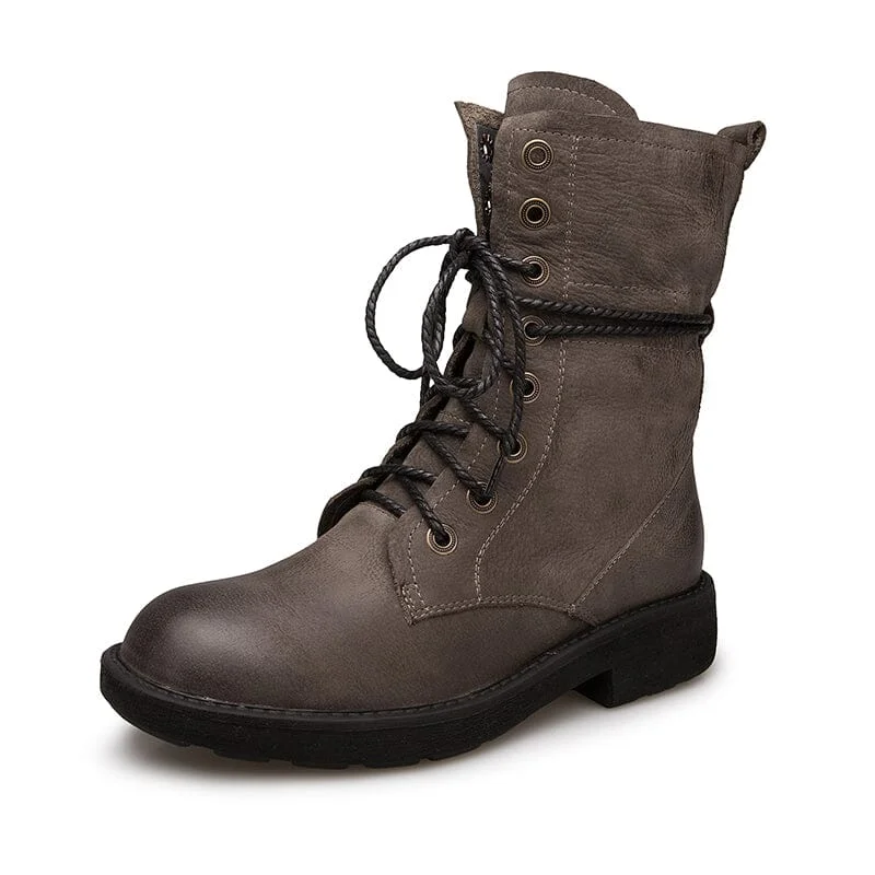 Handmade Full Grain Leather Combat Boots Designer Retro Chunky Riding Boots Coffee/Brown/Black/Grey