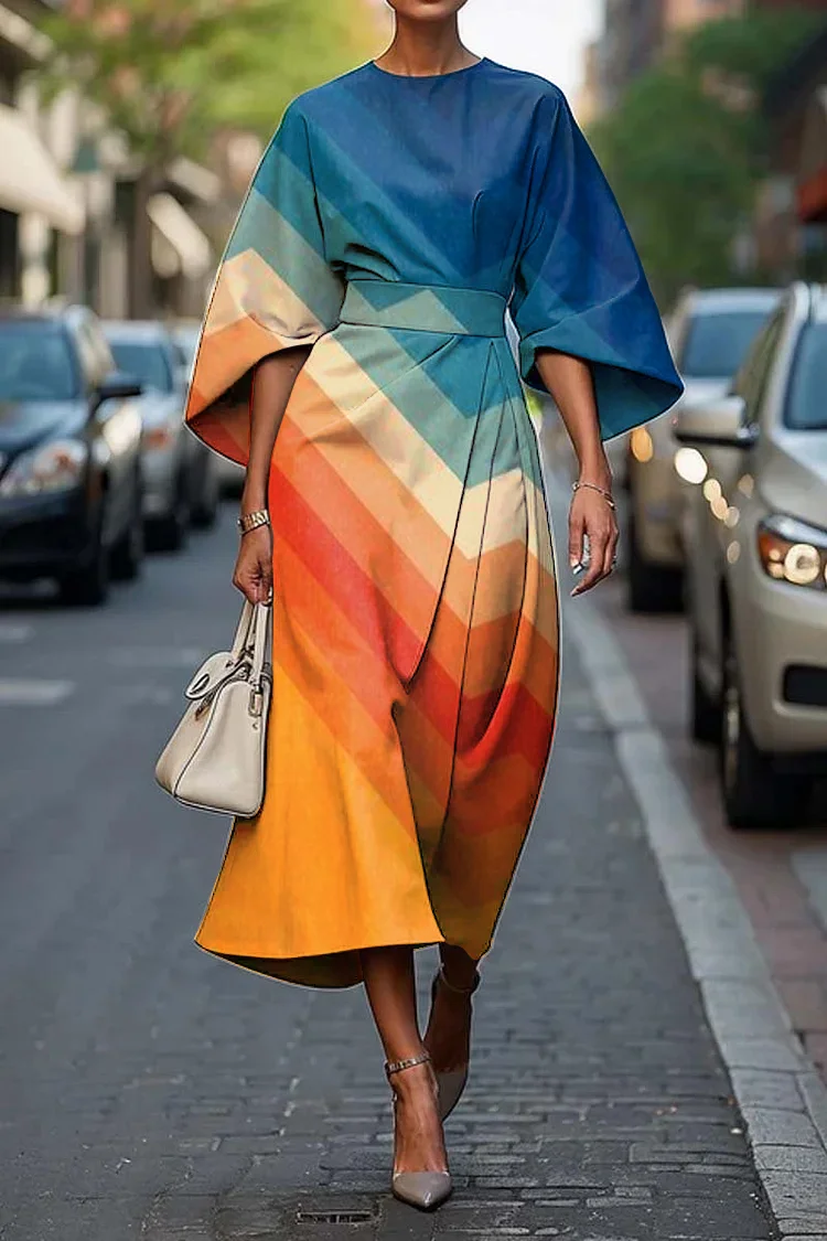 Women's Elegant Abstract Art Contrast Print Midi Dress