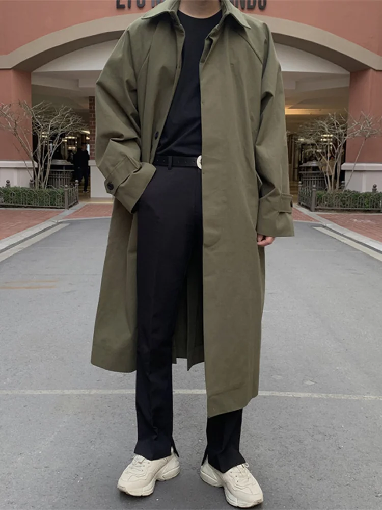 Aonga Spring Autumn Long Oversized Black Khaki Trench Coat Men Raglan Sleeve Single Breasted Loose Casual Korean Fashion aonga