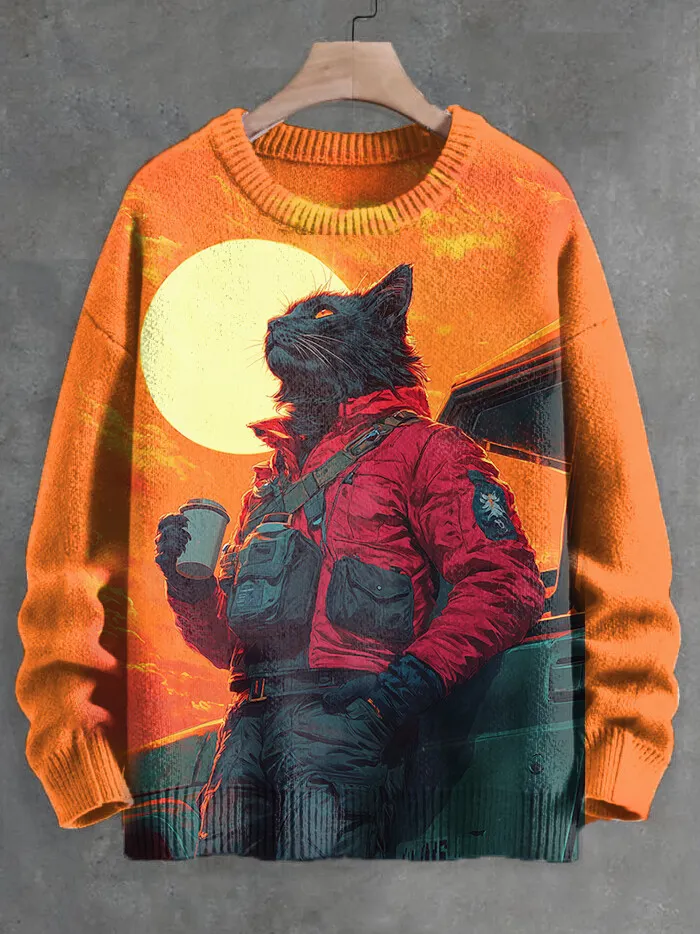 Men's Cool Black Cat Sunset Scenery Art Print Knit Sweatshirt