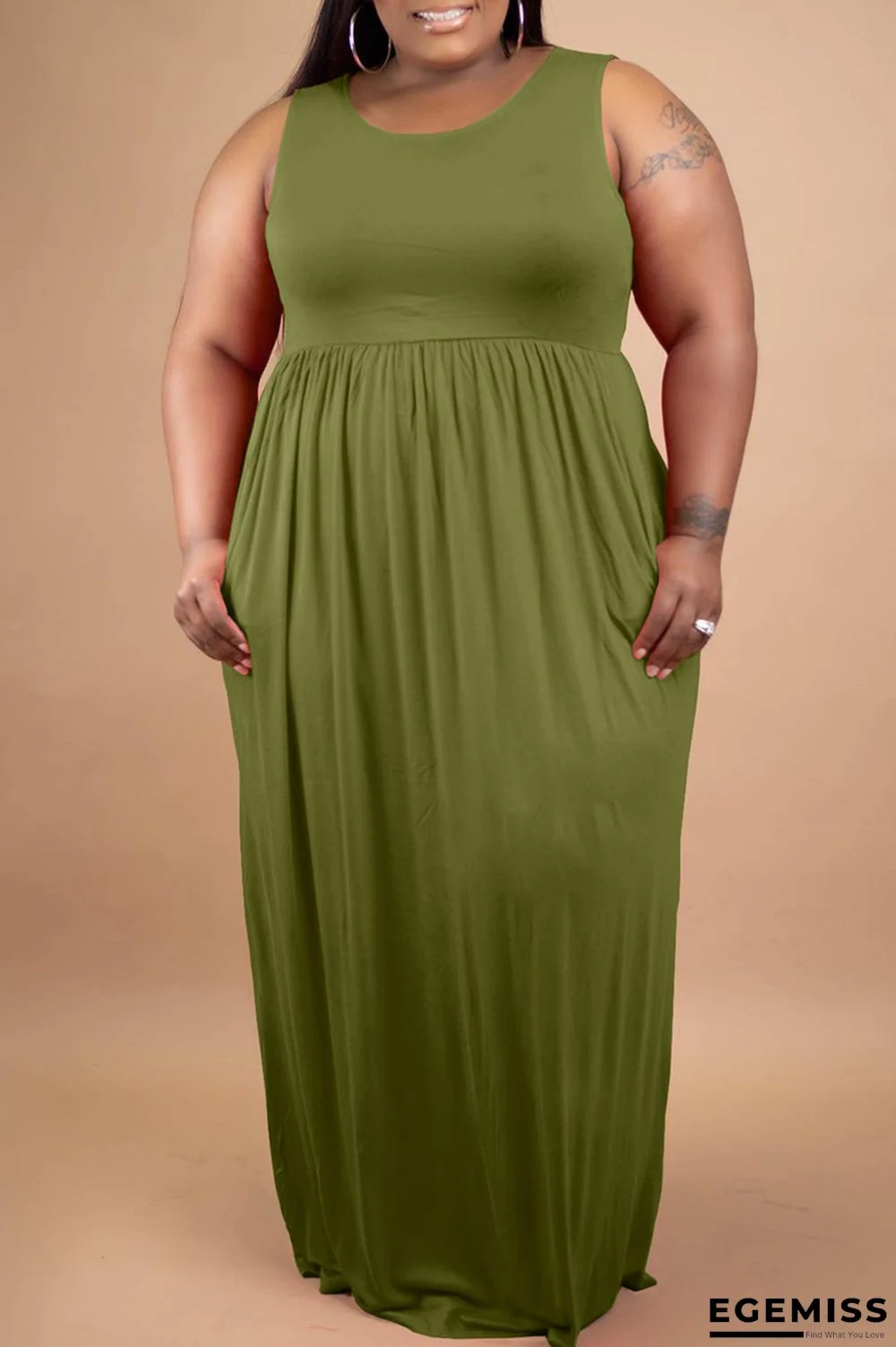 Army Green Fashion Casual Solid Basic O Neck Vest Dress | EGEMISS