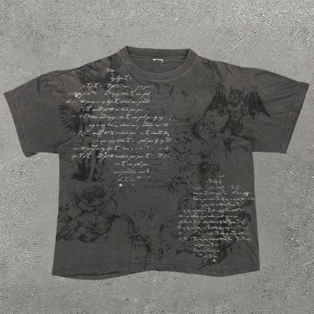 Vintage Gothic Angel & Demon Script Print T-shirt