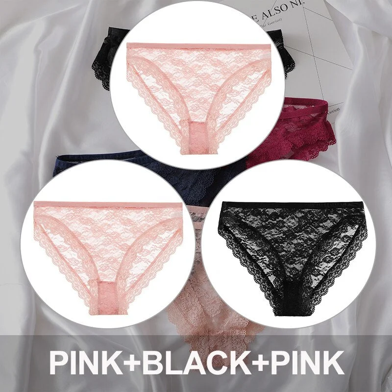 FINETOO 3PCS/Set Floral Lace Sexy Women Lingerie Panties M-2XL Plus Size Underpants Transparent Female Comfortable Briefs Girls
