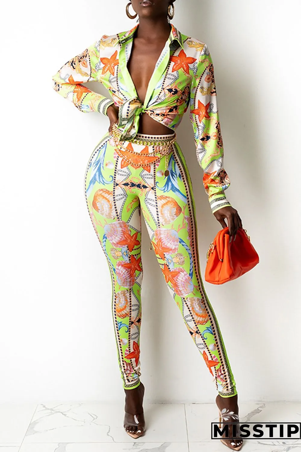 Purple Fashion Casual Print Basic Turndown Collar Long Sleeve Two Pieces