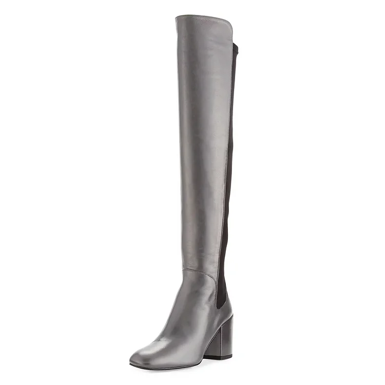Silver Square Toe Boots Block Heel Over-the-Knee Long Boots |FSJ Shoes