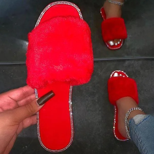 Women Chic Rhinestone Faux Fur Slippers