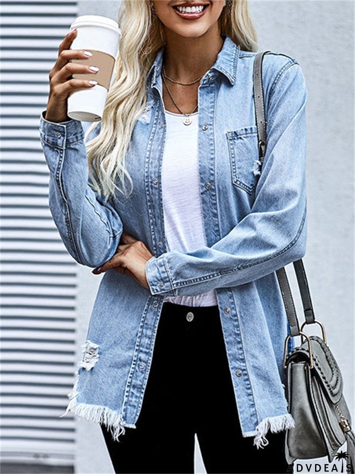 Cozy Ripped Frayed Hem Distressed Casual Womens Denim Jacket