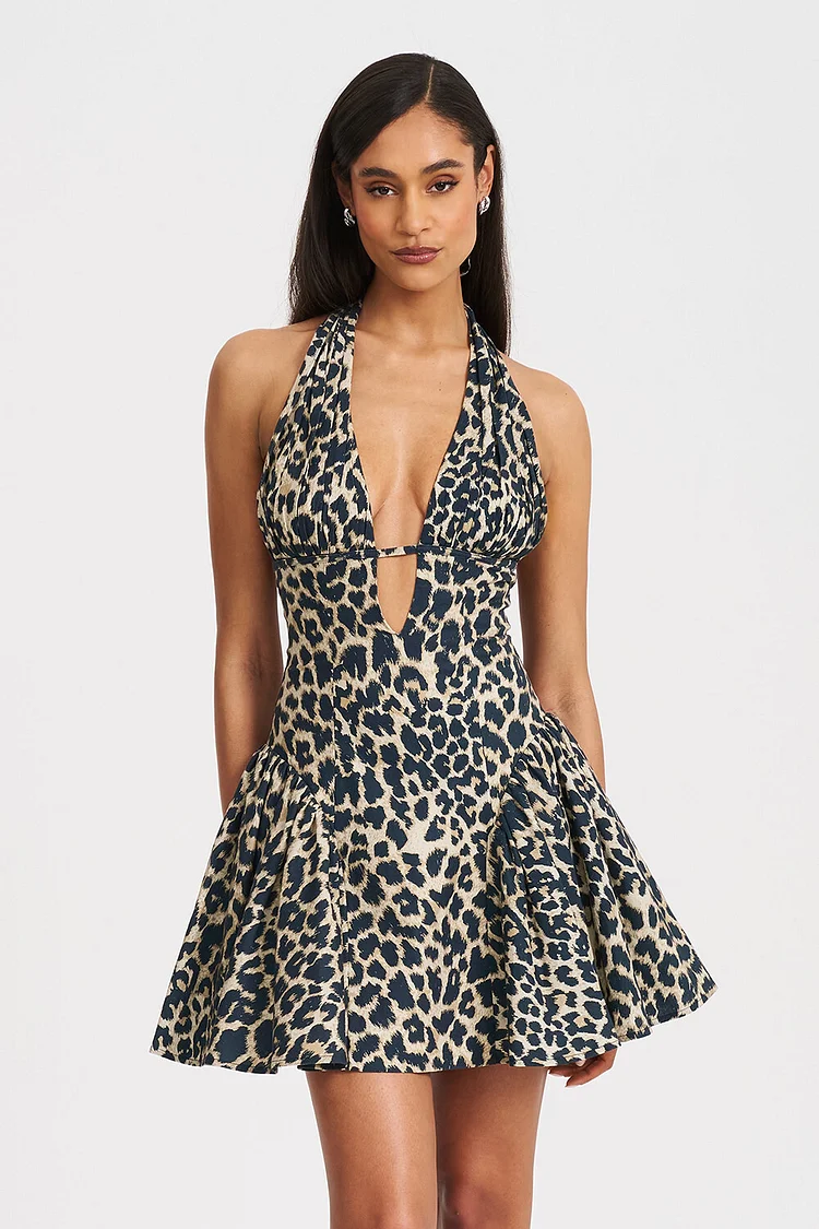 Plunge Neck Halter Leopard Print Cinch Waist Mini Dresses-Beige [Pre Order]